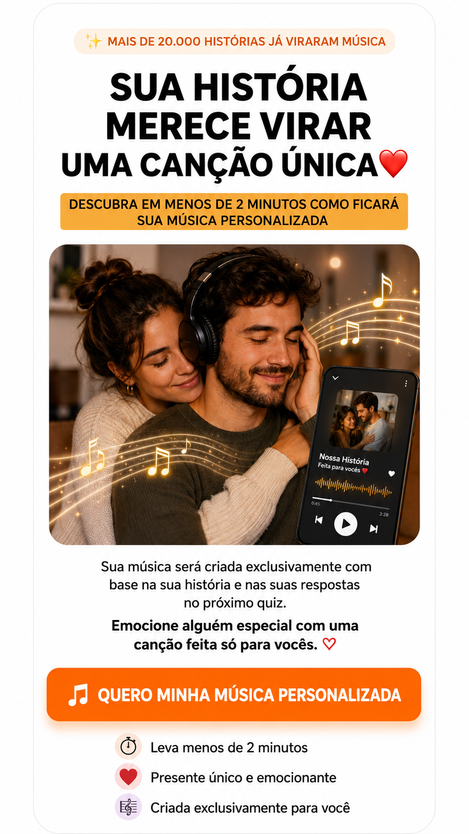 Casal emocionado ouvindo uma música personalizada com fones de ouvido